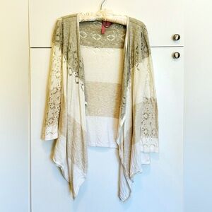 Charlotte Tarantola Grey, Tan, White Look of Lacey Cutout Cardigan Sweater XL